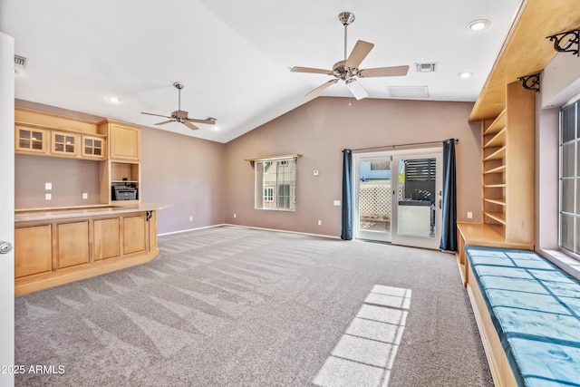 7949 W Pershing Ave, Peoria, AZ 85381 - unfurnished living room featuring a ceiling fan, light carpet, recessed lighting, baseboards, and high vaulted ceiling