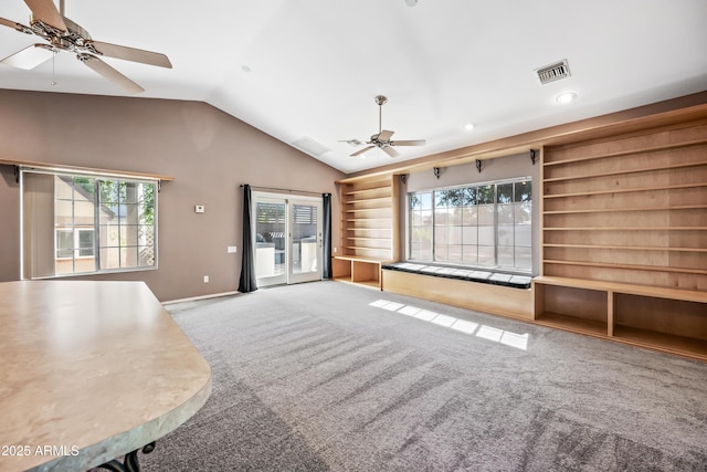 7949 W Pershing Ave, Peoria, AZ 85381 - unfurnished living room with a ceiling fan, lofted ceiling, healthy amount of natural light, carpet flooring, and baseboards