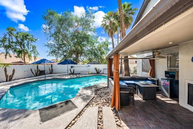 7949 W Pershing Ave, Peoria, AZ 85381 - view of swimming pool featuring a patio area, a fenced backyard, a fire pit, and ceiling fan