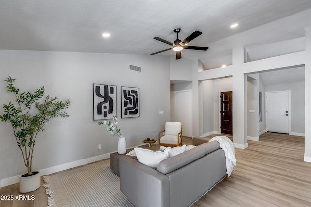2730 E Desert Trumpet Rd, Phoenix, AZ 85048 - living area with lofted ceiling, ceiling fan, baseboards, light wood-style flooring, and recessed lighting
