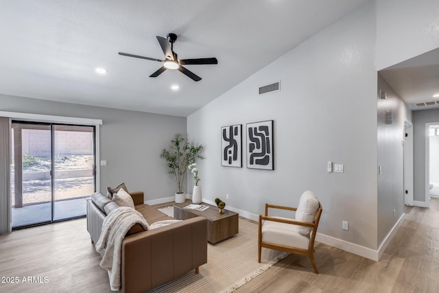 2730 E Desert Trumpet Rd, Phoenix, AZ 85048 - living area with a ceiling fan, light wood-style floors, baseboards, high vaulted ceiling, and recessed lighting