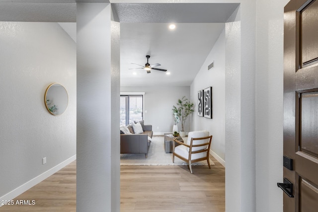 2730 E Desert Trumpet Rd, Phoenix, AZ 85048 - living area with a ceiling fan, light wood-type flooring, baseboards, lofted ceiling, and recessed lighting