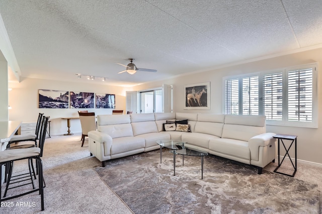 carpeted living area with ceiling fan, baseboards, and a textured ceiling