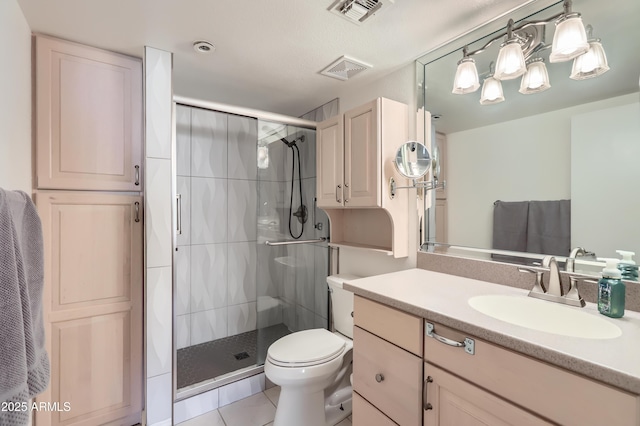 bathroom with a stall shower, visible vents, vanity, and toilet