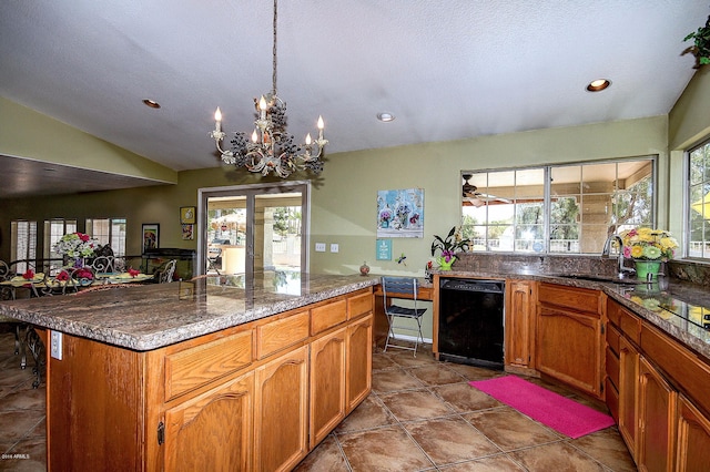 kitchen with black dishwasher, a kitchen island, lofted ceiling, tile patterned floors, and a notable chandelier