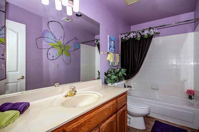 full bathroom with vanity, toilet, tile patterned floors, and shower / bath combination with curtain