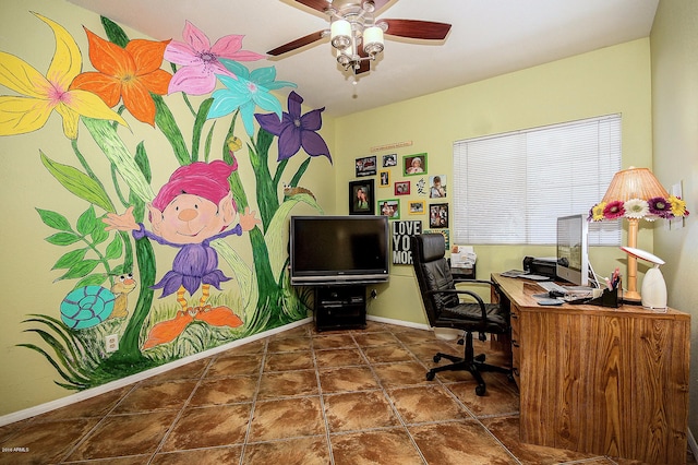 tiled office space with ceiling fan