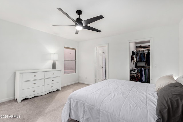 carpeted bedroom featuring ceiling fan, a walk in closet, and a closet