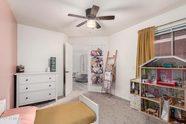 bedroom with light colored carpet and ceiling fan