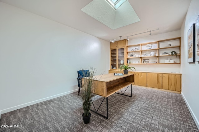 office with dark carpet, a skylight, and track lighting