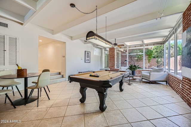 game room featuring pool table, beamed ceiling, light tile patterned flooring, and ceiling fan