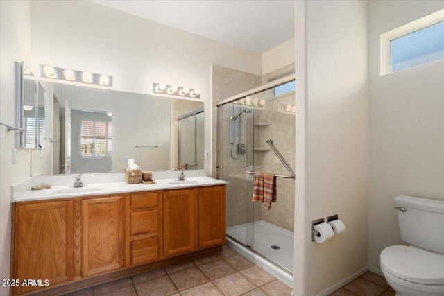 bathroom featuring vanity, toilet, an enclosed shower, and tile patterned flooring