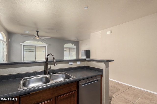 kitchen featuring stainless steel dishwasher, light tile patterned flooring, sink, and ceiling fan