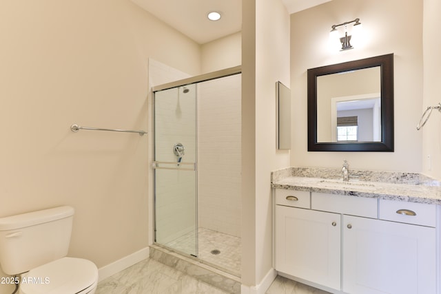 1505 W Orangewood Ave W, Phoenix, AZ 85021 - full bathroom with marble look tiles, a shower stall, and vanity