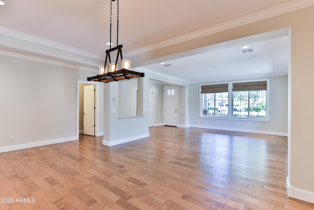 1505 W Orangewood Ave W, Phoenix, AZ 85021 - unfurnished living room featuring light wood finished floors, crown molding, recessed lighting, and a chandelier