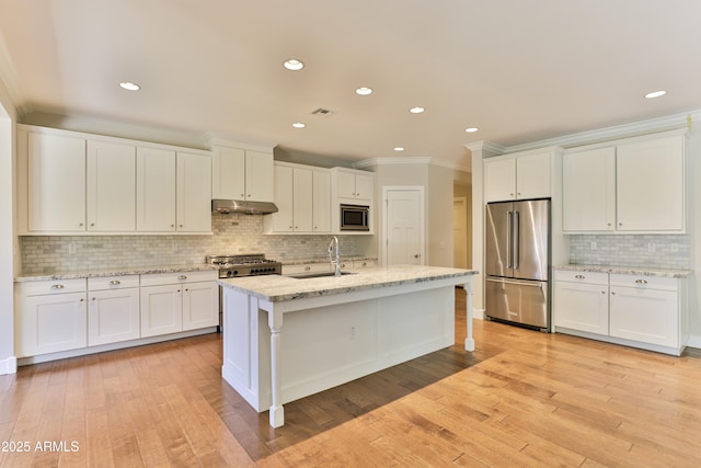 1505 W Orangewood Ave W, Phoenix, AZ 85021 - kitchen featuring appliances with stainless steel finishes, under cabinet range hood, backsplash, ornamental molding, and white cabinets