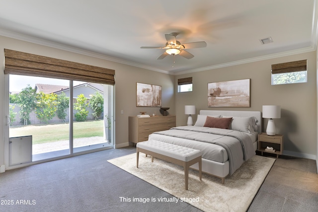 1505 W Orangewood Ave W, Phoenix, AZ 85021 - carpeted bedroom featuring access to outside, ornamental molding, multiple windows, and a ceiling fan