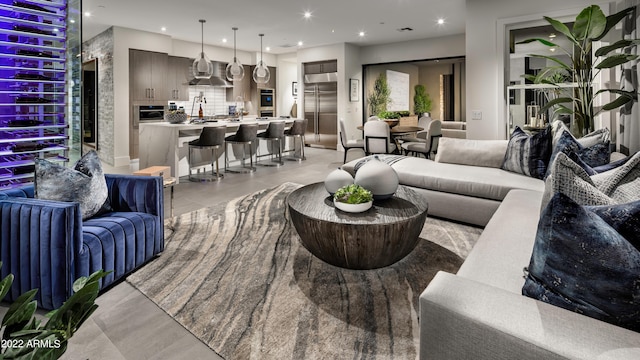 living room with light tile flooring