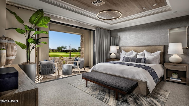 bedroom featuring carpet flooring, wooden ceiling, ornamental molding, and a tray ceiling