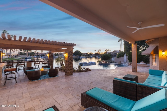 view of patio / terrace with an outdoor hangout area, a pergola, and area for grilling