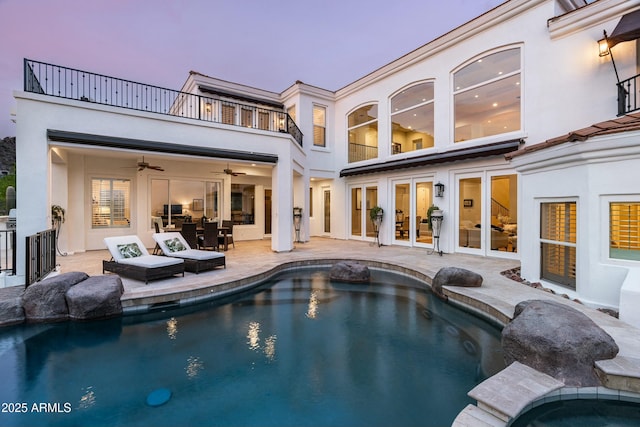 6556 N Arizona Biltmore Cir, Phoenix, AZ 85016 - pool featuring a patio, french doors, a ceiling fan, and an in ground hot tub