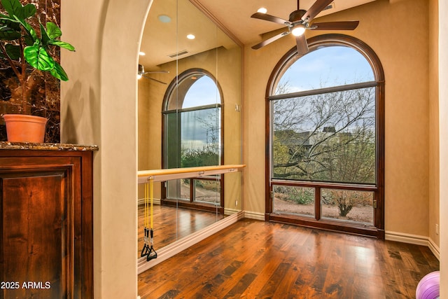 details with ceiling fan, wood finished floors, visible vents, and baseboards