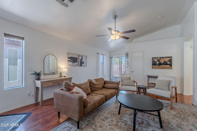 17403 N 16th Pl, Phoenix, AZ 85022 - living area featuring wood finished floors, lofted ceiling, a ceiling fan, and baseboards
