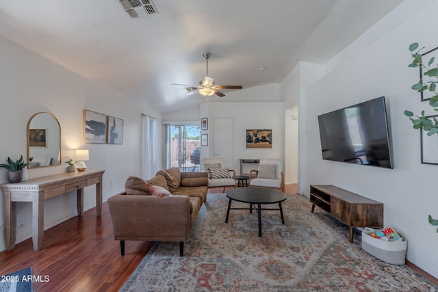 17403 N 16th Pl, Phoenix, AZ 85022 - living room with wood finished floors, vaulted ceiling, a ceiling fan, and baseboards