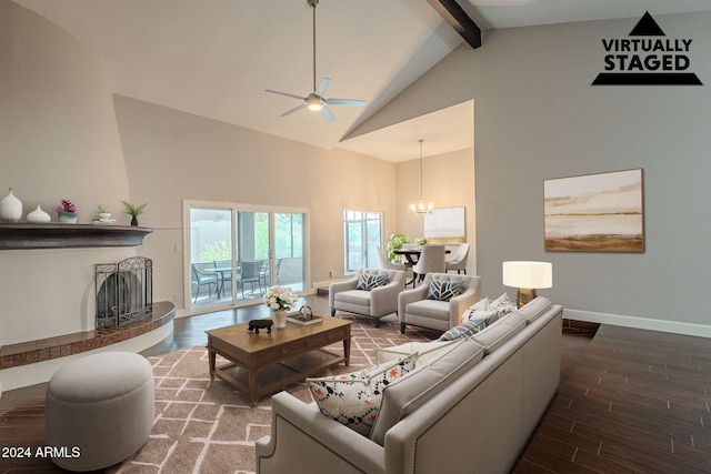 living room featuring beamed ceiling, high vaulted ceiling, and wood-type flooring