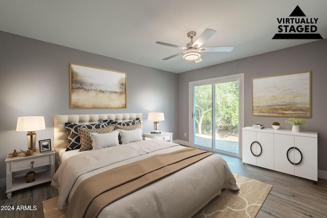 bedroom with access to exterior, ceiling fan, and hardwood / wood-style flooring