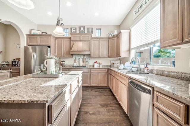 kitchen featuring custom exhaust hood, appliances with stainless steel finishes, dark wood-type flooring, hanging light fixtures, and sink