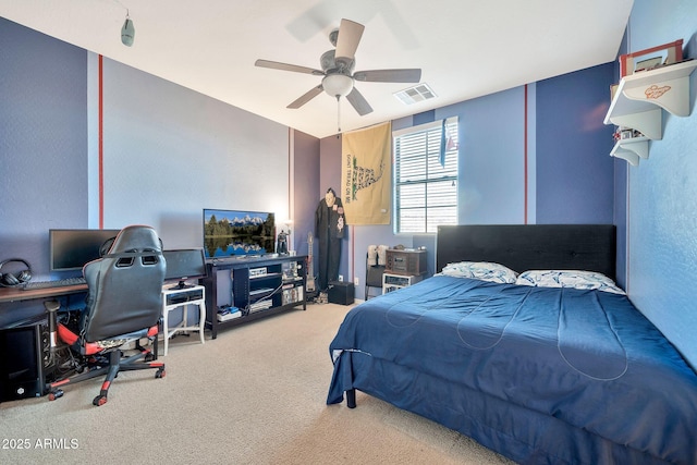 carpeted bedroom featuring ceiling fan