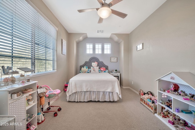 bedroom with ceiling fan and carpet