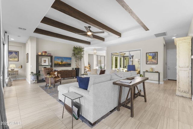 20795 W San Juan Ave, Buckeye, AZ 85396 - living room with a ceiling fan, beam ceiling, recessed lighting, and baseboards