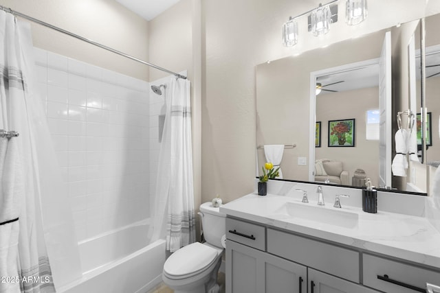 20795 W San Juan Ave, Buckeye, AZ 85396 - bathroom with shower / tub combo, vanity, a ceiling fan, and toilet