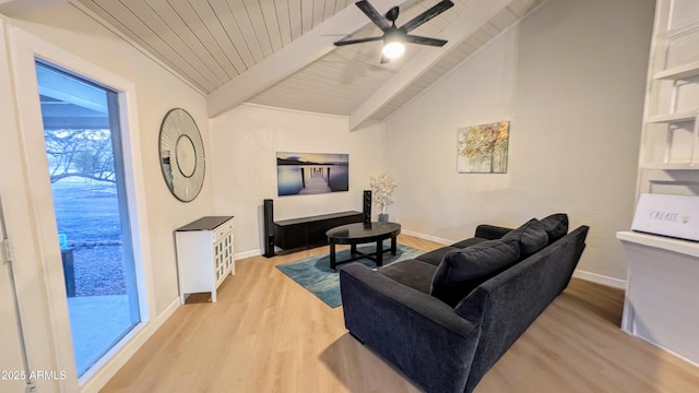 living room featuring ceiling fan, wood ceiling, light wood-type flooring, and vaulted ceiling with beams