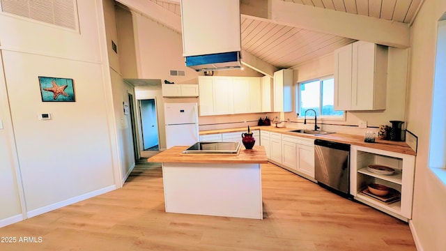 kitchen featuring stainless steel dishwasher, white fridge, wood counters, and sink