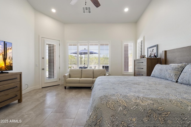 5332 E Thunder Hawk Rd, Cave Creek, AZ 85331 - bedroom with access to outside, a ceiling fan, recessed lighting, and a high ceiling