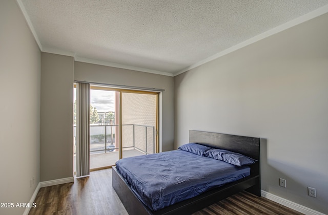 bedroom with access to outside, a textured ceiling, baseboards, and wood finished floors