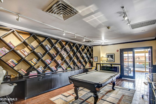 recreation room featuring pool table, rail lighting, wood finished floors, and visible vents