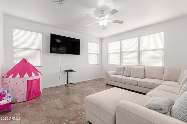 living room with ceiling fan