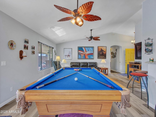 game room with lofted ceiling, ceiling fan, and light wood-type flooring