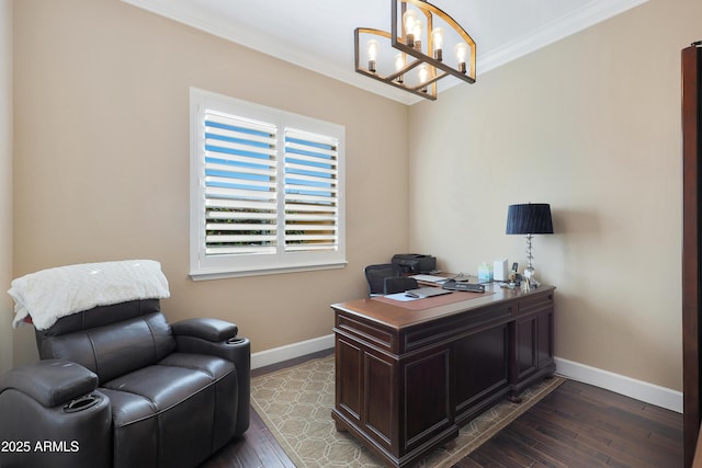 office with baseboards, ornamental molding, dark wood finished floors, and a notable chandelier