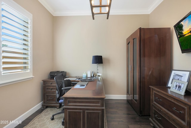 office area featuring crown molding, baseboards, and dark wood-style flooring