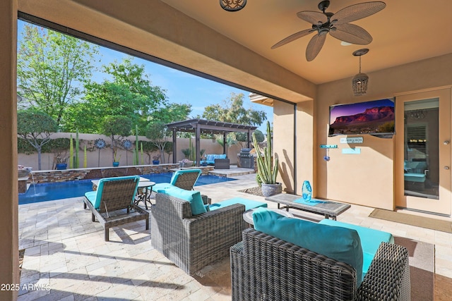 view of patio / terrace with a fenced in pool, ceiling fan, a fenced backyard, an outdoor living space, and a pergola