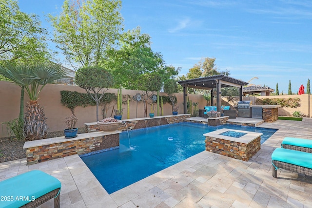 view of pool featuring a patio, area for grilling, a pergola, a fenced backyard, and a fire pit