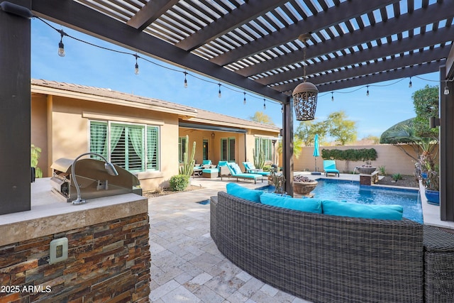 view of patio with a fenced in pool, grilling area, an outdoor hangout area, fence, and a pergola