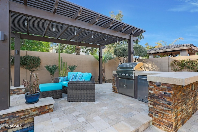 view of patio with a fenced backyard, outdoor lounge area, area for grilling, and a pergola