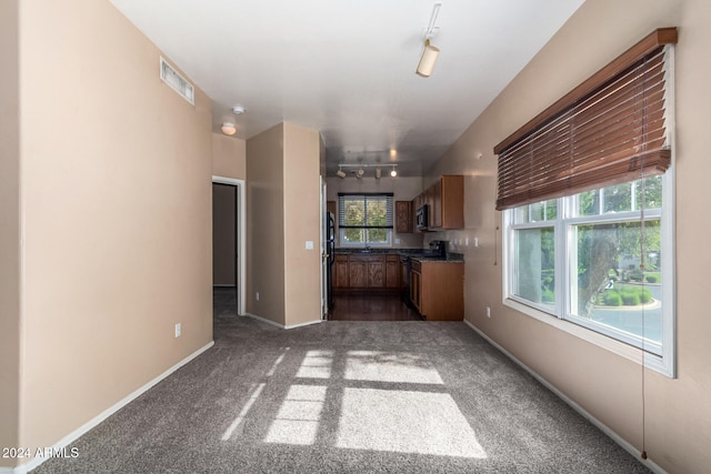 kitchen featuring carpet, track lighting, and appliances with stainless steel finishes