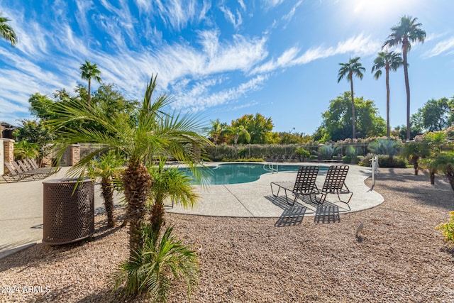 view of pool with a patio and central AC